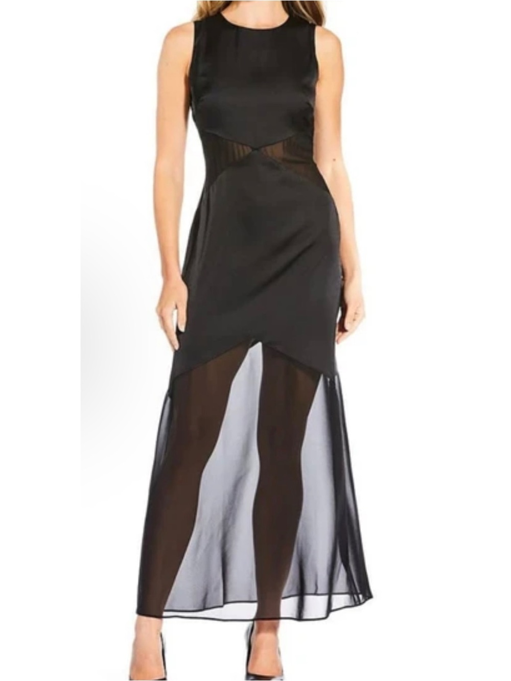Donna Morgan D9780M Black Sateen Sheer Mesh A-Line Maxi Dress Size 10 NWT